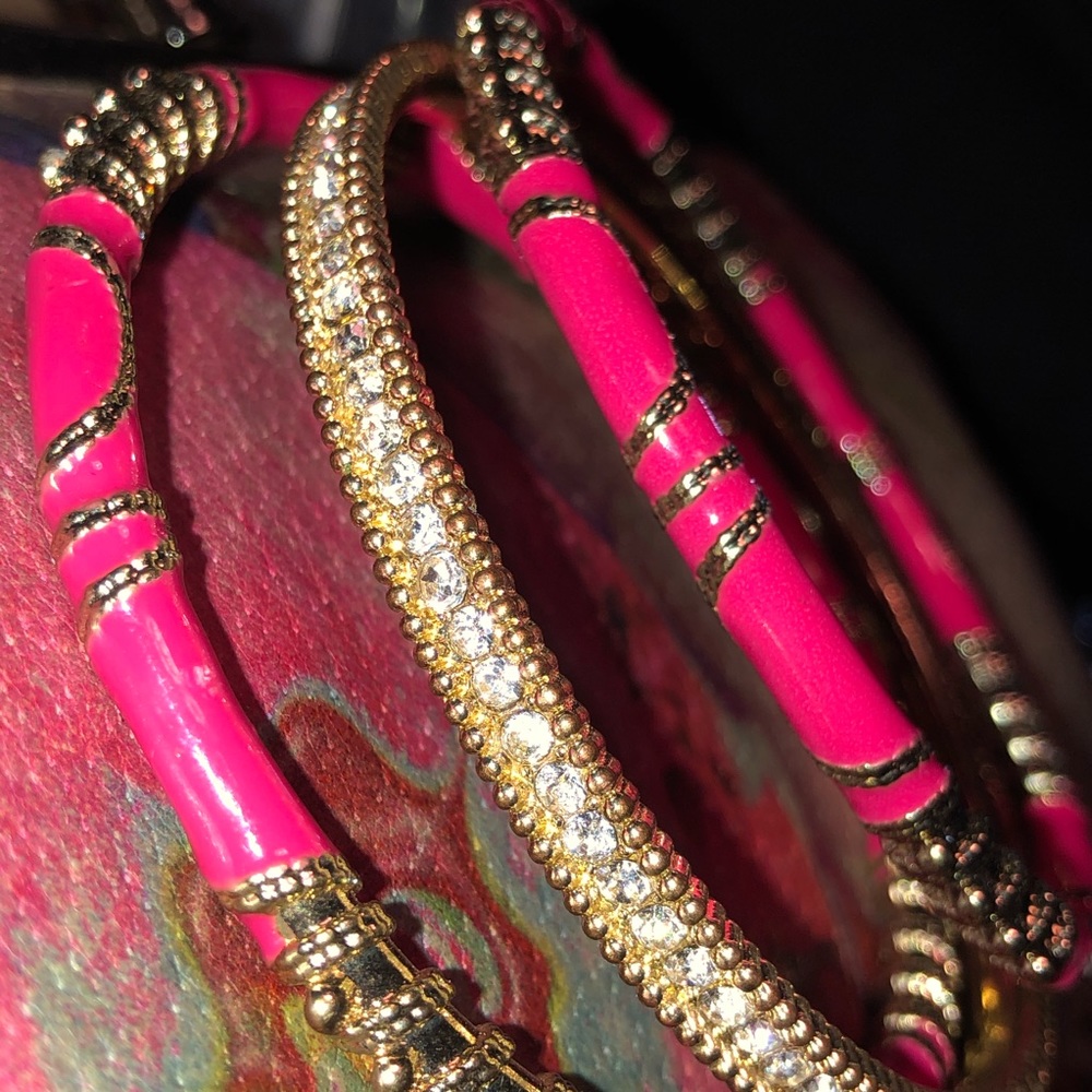 Hot Pink Enamel Boho Bangles (2) + RS Bangle (1) - Picture 2 of 5